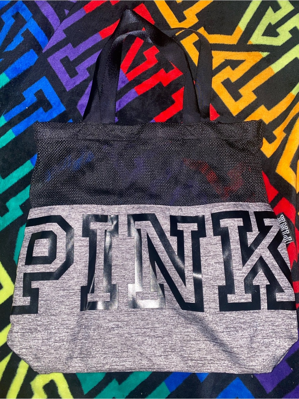 PINK Victoria's Secret Black and Gray Logo Mesh Tote